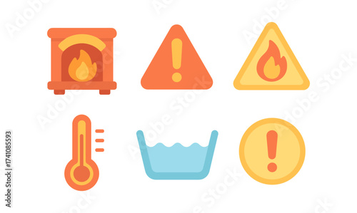 Flat style fire and safety icons for warning and temperature indications