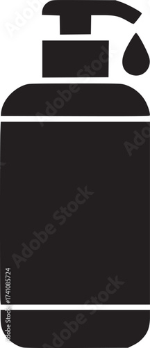 Illustration of a black bottle with a pump dispenser and a single drop on a white background