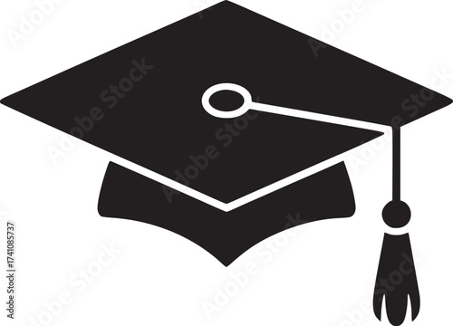 A simple black graduation cap with tassel on a white background in a flat design illustration style