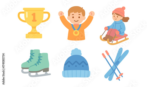Winter fun: medals, ice skating, and sledding elements for kids