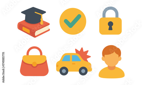 Education, security, shopping, and automobile concepts in modern flat design icons