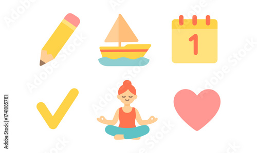 Minimalist pastel icons: pencil, sailboat, calendar, checkmark, yoga, heart