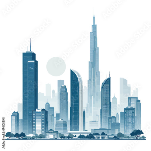Modern Skyline at Sunset with Towering Skyscrapers and Calm Cityscape
