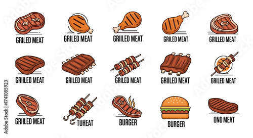 A collection of various grilled meat illustrations, showcasing different cuts and preparations.
