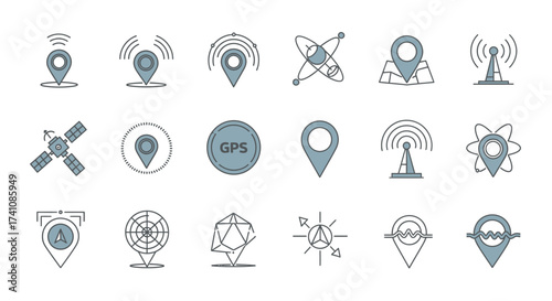 A collection of various location and navigation related icons, including GPS, satellite, antenna, and map pin symbols.