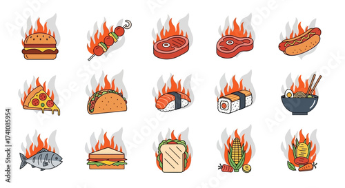 Cartoon food icons engulfed in flames, including burger, steak, pizza, taco, sushi, and other dishes, suggesting spicy or hot cuisine.