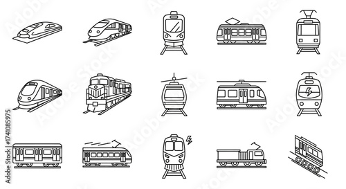 Collection of outlined train illustrations, including bullet trains, locomotives, and trams, presented in a flat design.