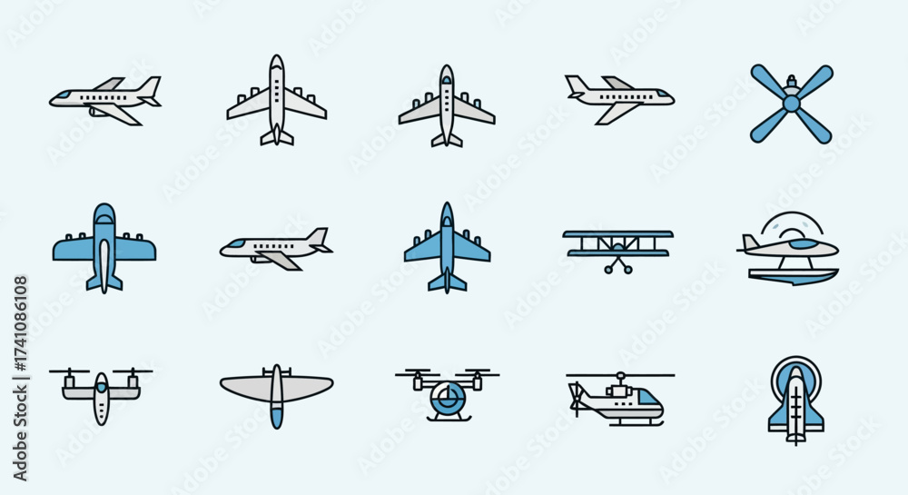 Fototapeta premium A collection of various aircraft icons, including airplanes, helicopters, drones, and propellers, displayed against a light blue background.