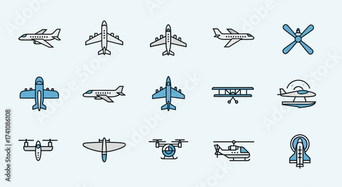 A collection of various aircraft icons, including airplanes, helicopters, drones, and propellers, displayed against a light blue background.