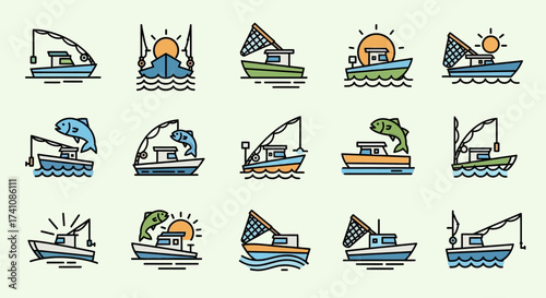 Collection of fishing boat icons with fish, sun, and fishing rod elements, arranged in a grid pattern.