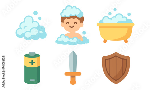Cute bath time and adventure icons: bubble bath, battery, sword, shield in flat style