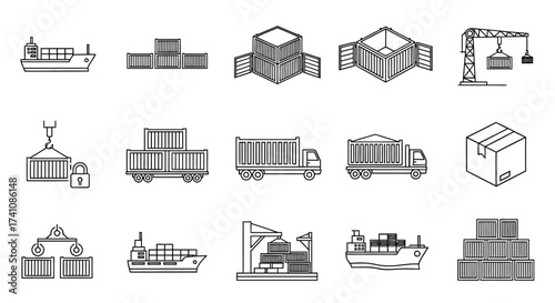 Line art depicting various stages of shipping and logistics, including cargo ships, trucks, containers, and cranes.