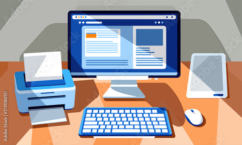 Modern Workspace with Computer, Printer, and Tablet