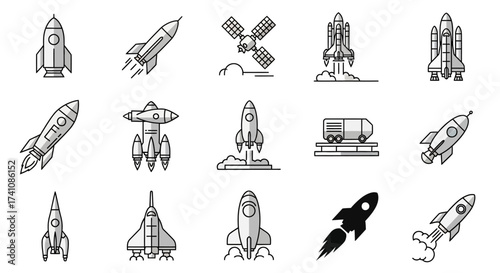 Collection of line art icons depicting rockets, spacecraft, and space exploration elements.