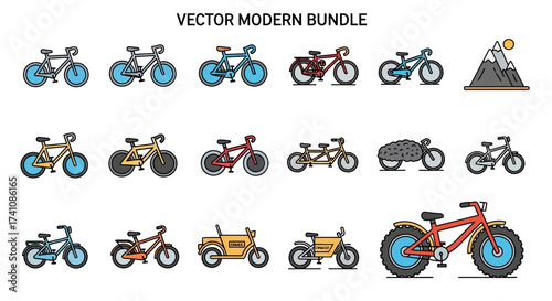 A collection of various bicycle illustrations, including road, mountain, and specialized designs, with a mountain icon.
