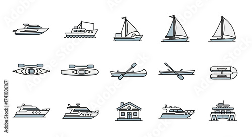 A collection of various illustrated watercraft, including boats, yachts, and kayaks, displayed in a grid.