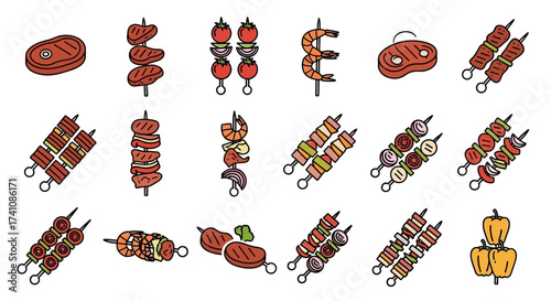 A collection of various grilled food items, including meat and vegetables, displayed as icons.