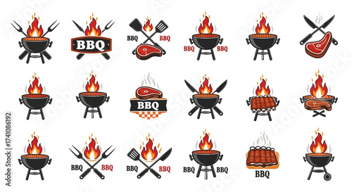 A collection of various barbecue grill illustrations, featuring flames and food.