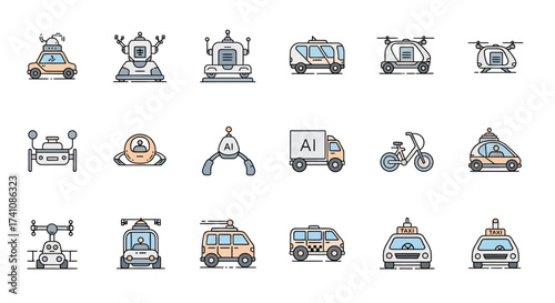 Collection of futuristic self-driving vehicles and robots in a variety of designs, presented as colorful vector icons.