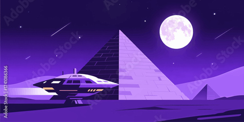Mystical Pyramids Under Moonlit Skies with Futuristic Spaceship