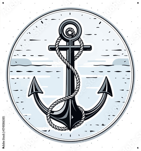 Nautical Anchor on Calm Sea with Waves and Horizon