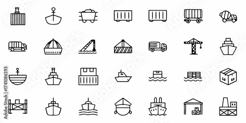 Seamless logistics icons showcase efficient transport, shipping, and trade solutions for global supply chain management and infrastructure industries, originally vector graphics