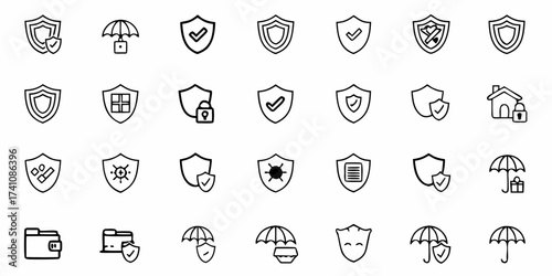 Assorted hand-drawn security shield icons offer protection, guarding, and privacy across diverse applications, ideal for tech, insurance, and safety designs