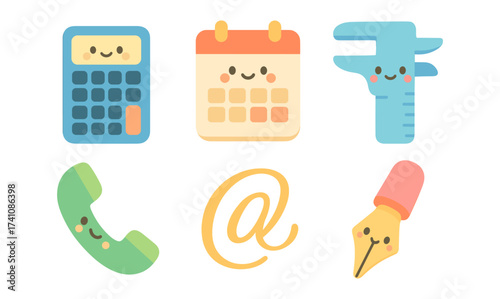 Cute kawaii office icons with smiling faces for digital and print design projects