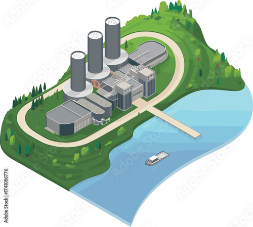 Isometric 3D illustration of hydroelectric power plant, renewable energy facility, cooling towers, dam water station, sustainable electricity generation, eco engineering infrastructure