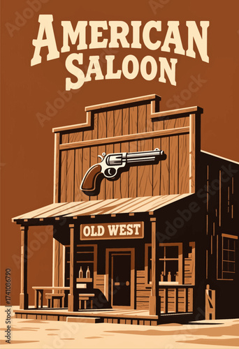 Old West Saloon: Rustic Wooden Bar, Gun Decor, Sunset Hues