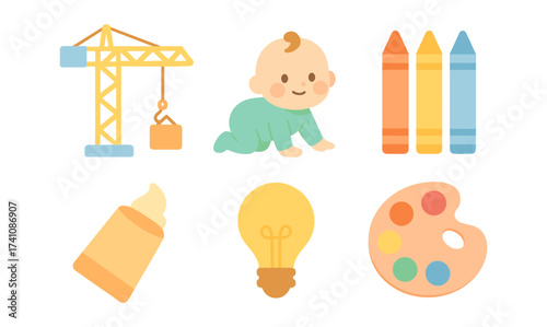 Playful baby essentials: crayons, toys, and art supplies