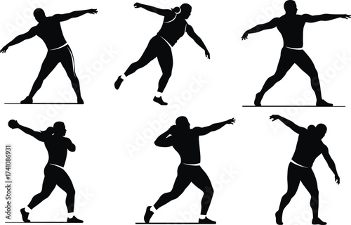Discus and shot put silhouette, athlete throwing motion, sports action, dynamic pose, track and field, strength training, competition, power, technique