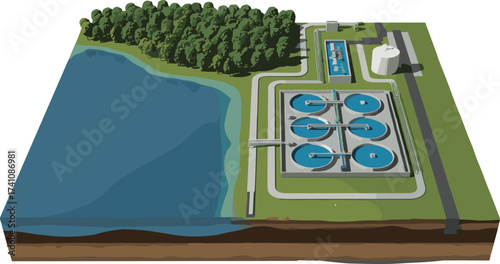 Isometric 3D illustration of hydroelectric power plant, renewable energy facility, cooling towers, dam water station, sustainable electricity generation, eco engineering infrastructure