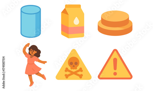 Diverse mixed icons featuring cylindrical shape, carton, playful character, and caution signs in flat design