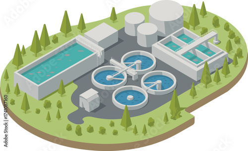 Isometric 3D illustration of wastewater treatment plant, clean water recycling system, sewage purification facility, eco-friendly infrastructure, sustainable environmental engineering design
