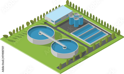 Modern isometric illustration of wastewater treatment plant, clean water recycling facility, industrial sewage purification system