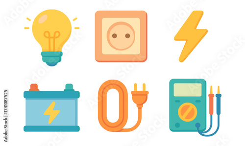 Colorful electrical devices icons: light bulb, socket, battery, cable, multimeter