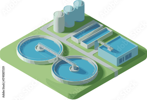 Modern isometric illustration of wastewater treatment plant, clean water recycling facility, industrial sewage purification system