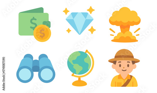 Colorful flat icons of finance, exploration, and travel concepts