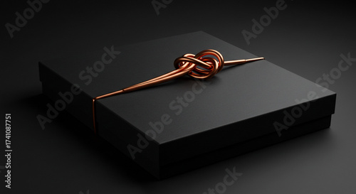 Elegant black gift box with a sophisticated copper knot, a luxurious and mysterious present for a special occasion on a dark background