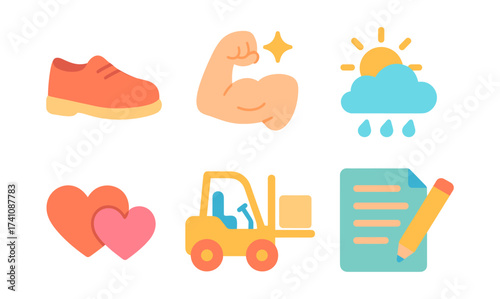 Colorful collection of flat icon designs featuring various everyday objects