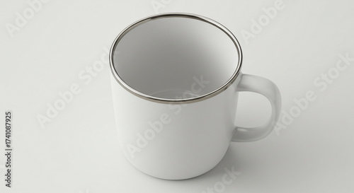 A classic white enamel mug with a silver rim, isolated on a plain background, perfect for camping, coffee, and a minimalist rustic lifestyle
