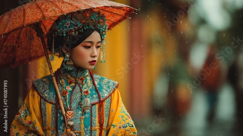 Elegant Asian woman in traditional attire weathering a rain shower elegantly