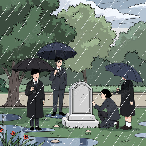 Rainy Day Memorial: Somber Tribute in Graveyard