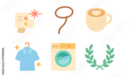 Pastel icons of laundry, coffee, winner's wreath, speech, knot, and shirt – minimalist flat design