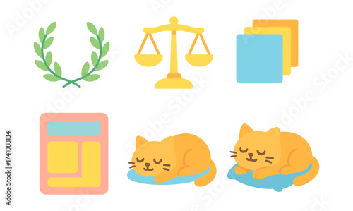 Cute sleeping cats and minimal icons in flat style for design projects