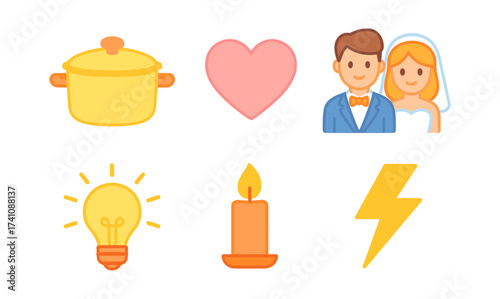 Charming icon set: wedding, kitchen, romance, and energy themes