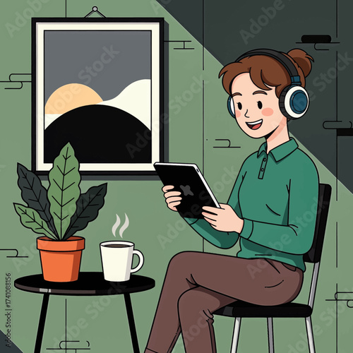 Relaxing Woman with Tablet and Coffee in Cozy Green Room