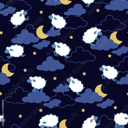 Bedtime Pattern with Dreamy Sheep and Night Sky. Perfect for sleep-themed designs, nursery textiles, kid pajamas, wallpapers, wrapping paper, and dreamy bedtime illustrations.