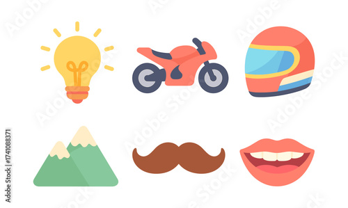 Colorful flat icons of lightbulb, motorcycle, helmet, mountains, mustache, and smile